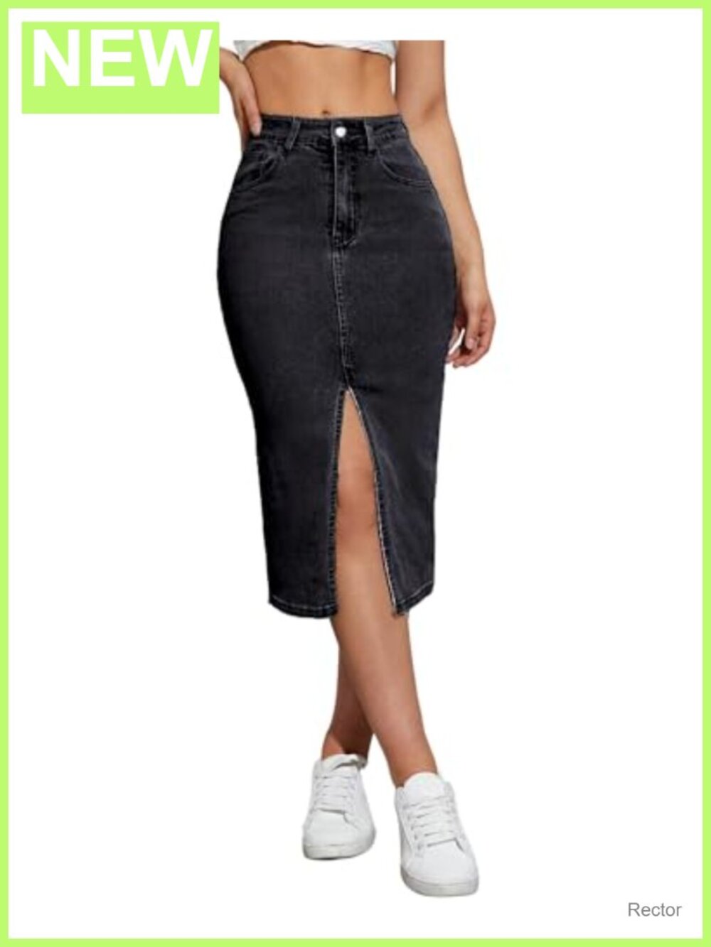 High Waist Denim Pencil Skirt Mid Long Midi Split Hem Cotton Blend